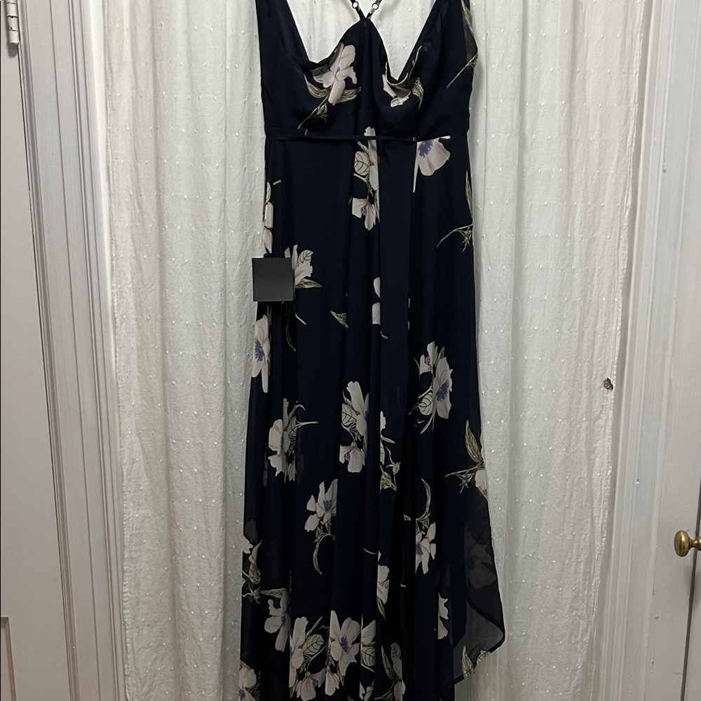 Lulus Dress Small Navy Floral Wrap Bridesmaid Feminine Flirty Romantic Wedding - Picture 10 of 16